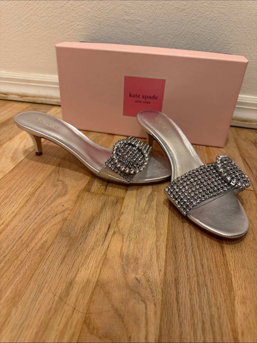 kate spade Silver Crystal Buckle Kitten-Heel Slides